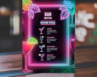 Neon Wedding Bar Menu Template, Cocktail Sign (Digital Download)
