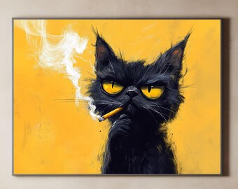 Grumpy Black Cat Smoking Art Print, Edgy Pet Portrait (Digital Download)