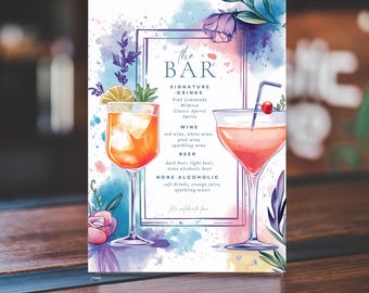 Watercolor Wedding Bar Menu Template, Signature Drink Sign (Digital Download)