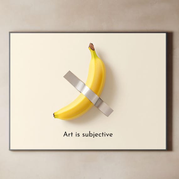 テープで留めたバナナのウォールアート、モダンユーモア、オリジナルAI