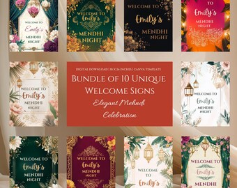 Mehndi Welcome Sign Bundle | 10 Canva Templates, Indian Wedding Decor (Digital Download)
