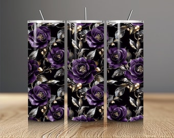 Diseño 3D floral morado para vaso, generado por IA, vaso delgado de 20 oz (descarga digital)