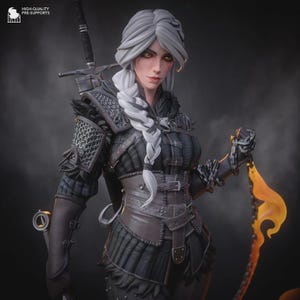 May include: A detailed statue of a woman with long, white braided hair, wearing dark armour with chainmail accents. She holds a sword and a flaming blade. The statue has a serious expression and is set against a dark background.