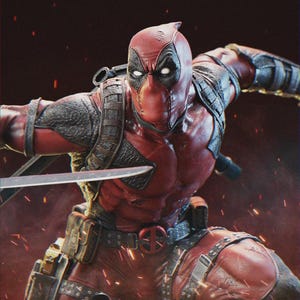 May include: A detailed action figure of Deadpool in a dynamic pose, clad in a red and black suit. The figure is holding a katana and features intricate detailing on the costume and mask, with a belt buckle displaying the Deadpool logo.