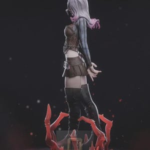 May include: A figurine of a character with long white hair featuring pink tips, wearing a brown corset, a short brown skirt, and black thigh-high boots. The character stands on a base of red, jagged, thorn-like structures. Text reads HIHWRU STL.