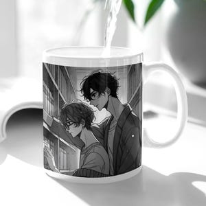Tender BL Mug - Sleepy Boys in Library Hug Scene, Emotional Manga Moment for Fans of Gentle Romance, Soft Yaoi Art, and Quiet Connection