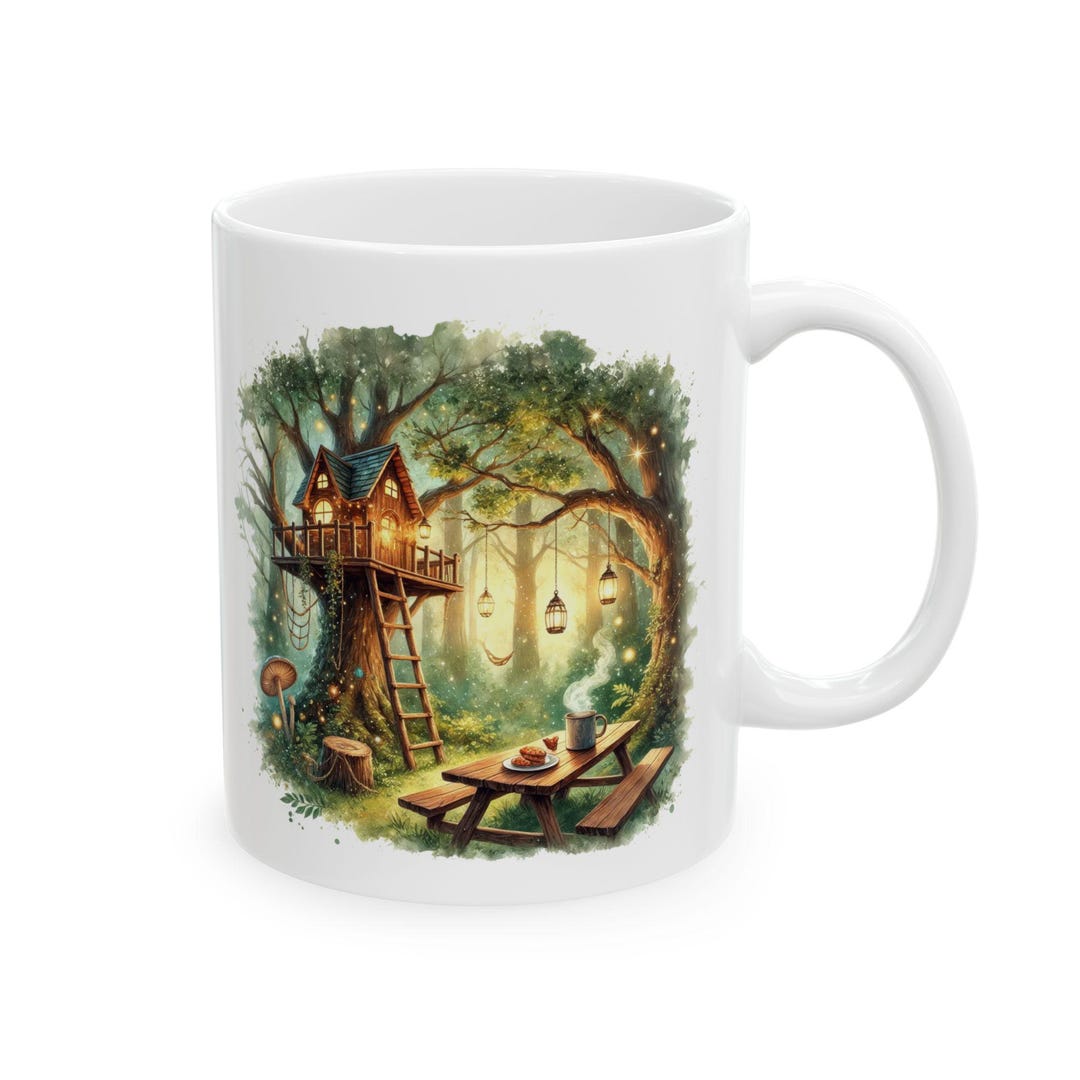 Treehouse Coffee Mug With Whimsical Forest Scene - Glowing Lanterns ...