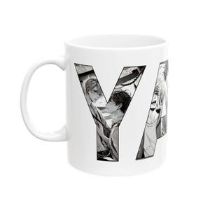 Yaoi BL Mug - Emotional Manga Boys Inside Letters, Subtle Black and White Design, Boys Love Coffee Mug with Soft Tension for Anime Fans