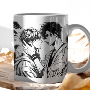 Emotional BL Mug - Intense Manga Love Scene with Hand on Jaw, Vintage Robes and Deep Eye Contact, Yaoi Coffee Cup for Soft Boys, Sad Lovers