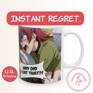 May include: White ceramic mug featuring an anime-style illustration of a person with red hair and an expression of shock. The mug has the text "INSTANT REGRET" and a speech bubble that says "WHY DID I EAT THAT?!"