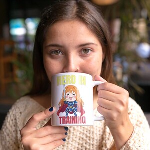 Anime Hero Mug - Chibi Knight Girl Hero in Training, Cute Fantasy Coffee Cup, Encouraging Gift for Gamers, Otaku, and Aspiring Legends