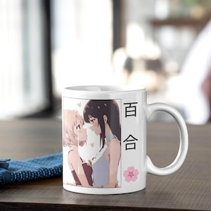 Yuri Romance Mug - Girls Love Kanji Cup with Sakura Accent, Soft GL Design for Anime Fans, WLW Couples, and Lovers of Emotional Yuri Art