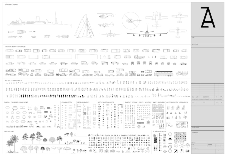 Pu&ograve; includere: Un foglio di illustrazione di disegno a linea in bianco e nero con vari simboli per i piani architettonici. Il foglio include simboli per navi e aerei, veicoli e trasporti, persone ed esseri viventi, tavoli e mobili, sedie e divani, letti e mobili, attrezzature da cucina, accessori sanitari da cucina e altro ancora.