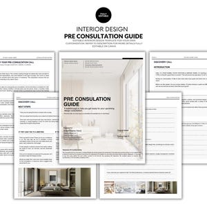 Puede incluir: Un conjunto de plantillas de diseño de interiores en blanco y gris. El documento principal se titula "PRE CONSULTATION GUIDE" e incluye texto. Otros documentos incluyen "STEP BY STEP PROCESS" y "DISCOVERY CALL".