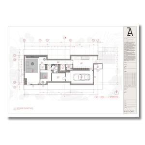 May include: A black and white architectural blueprint of a house floor plan. The plan shows a living room, kitchen, bathroom, and garage. The blueprint is labeled "GROUND FLOOR PLAN" and "P-01-GFP".