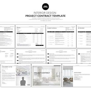 Op de afbeelding: Een zwart-wit sjabloon voor een interieurontwerp projectcontract. Het sjabloon bevat secties voor de scope of services, factuur, betalingsschema en retourbrief. De tekst "INTERIOR DESIGN PROJECT CONTRACT TEMPLATE" staat bovenaan.