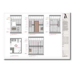 May include: Architectural blueprint of a bathroom with five different elevations and a floor plan. The blueprint shows the layout of the bathroom, including the toilet, sink, shower, and storage cabinets. The blueprint is labeled with the words "Elevation 01", "Elevation 02", "Elevation 03", "Elevation 04", "Elevation 05", and "Bathroom Plan".