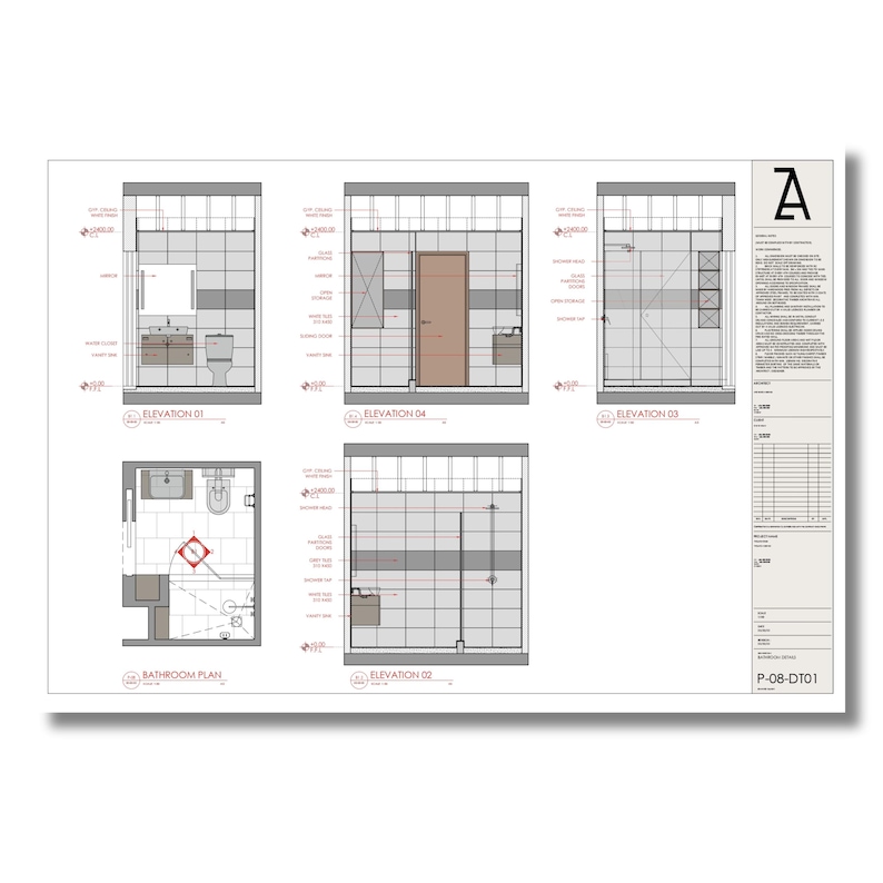 May include: Architectural blueprint of a bathroom with five different elevations and a floor plan. The blueprint shows the layout of the bathroom, including the toilet, sink, shower, and storage cabinets. The blueprint is labeled with the words "Elevation 01", "Elevation 02", "Elevation 03", "Elevation 04", "Elevation 05", and "Bathroom Plan".