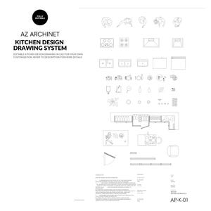 May include: Black and white line drawing of a kitchen design system with various kitchen elements, including sinks, stoves, refrigerators, cabinets, and other appliances. The drawing is fully editable and can be used for creating custom kitchen designs.