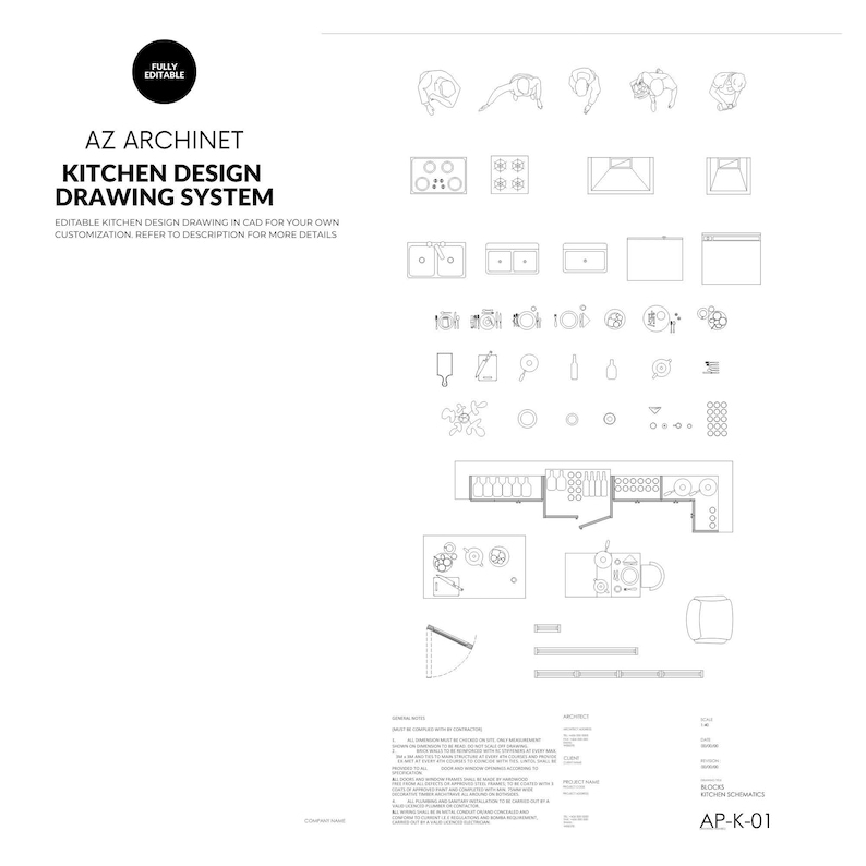 May include: Black and white line drawing of a kitchen design system with various kitchen elements, including sinks, stoves, refrigerators, cabinets, and other appliances. The drawing is fully editable and can be used for creating custom kitchen designs.