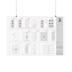 Peut inclure: Plan architectural présentant différents modèles de portes. Le plan comprend des vues avant et arrière de chaque porte, avec des mesures détaillées en pouces. Les portes présentent différents styles, notamment des arches, des panneaux et des motifs géométriques.