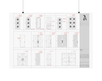 Può includere: Pianta architettonica di vari progetti di porte. Il piano include viste anteriori e posteriori di ogni porta, con misure dettagliate in pollici. Le porte presentano diversi stili, tra cui archi, pannelli e motivi geometrici.