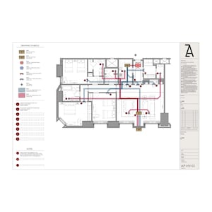 K&ouml;nnte beinhalten: Ein detaillierter Grundriss eines Hauses mit verschiedenen R&auml;umen, darunter eine K&uuml;che, ein Wohnzimmer und Schlafzimmer. Der Plan zeigt die Anordnung der R&auml;ume sowie die Position von Steckdosen, Leuchten und anderen Merkmalen. Der Plan ist mit "AP-HV-01" beschriftet.