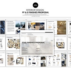 Może przedstawiać: Cyfrowy szablon projektowania wnętrz zatytułowany "FF & E Finishes Proposal". Szablon zawiera różne elementy projektu, plany pięter i wybory materiałów. Propozycja projektu jest w pełni edytowalna.