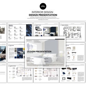 May include: A digital interior design presentation template with multiple pages. The title page reads "DESIGN PRESENTATION" with the words "INTERIOR DESIGN" above it. The template includes floor plans, mood boards, and furniture selections.