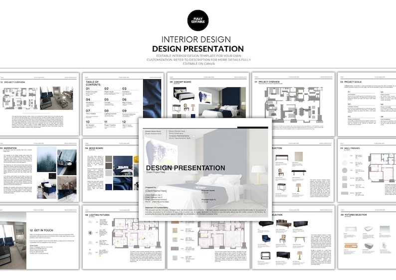 Puede incluir: Una plantilla de presentaci&oacute;n de dise&ntilde;o de interiores digital con varias p&aacute;ginas. La p&aacute;gina de t&iacute;tulo dice "DESIGN PRESENTATION" con las palabras "INTERIOR DESIGN" encima. La plantilla incluye planos de planta, mood boards y selecciones de muebles.