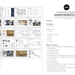 Puede incluir: Plantilla de presentaci&oacute;n de dise&ntilde;o de interiores con 21 p&aacute;ginas. Incluye portada, tabla de contenido, descripci&oacute;n general del proyecto, tablero de inspiraci&oacute;n, moodboards, tableros de conceptos, acabados de pared, acabados de piso, accesorios de iluminaci&oacute;n, selecci&oacute;n de muebles, selecci&oacute;n de accesorios de ba&ntilde;o, renders 3D y cronograma estimado. Totalmente editable en Canva.