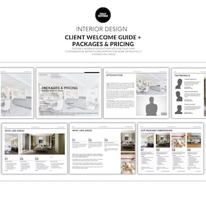 Può includere: Un modello digitale di guida di benvenuto per clienti di interior design con più pagine. La guida include un sommario, pacchetti e prezzi, un'introduzione, testimonianze e domande frequenti. Il design è in bianco e nero.