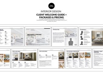 Plantilla de guía de precios de diseño de interiores: paquetes, opciones de servicio, comparativas, preguntas frecuentes y paquete de bienvenida (editable en Canva)