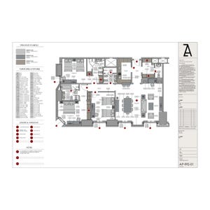 K&ouml;nnte beinhalten: Ein Grundriss eines Hauses mit mehreren R&auml;umen, darunter ein Wohnzimmer, ein Esszimmer, eine K&uuml;che und Schlafzimmer. Der Plan ist in Schwarzwei&szlig; gezeichnet, wobei rote Punkte verschiedene Bereiche markieren.