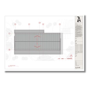 May include: A black and white architectural drawing of a roof plan with red arrows indicating the direction of the slope. The drawing is labeled "ROOF PLAN" and "P-07-RP".