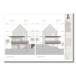 May include: Architectural drawing of a house with an east and west elevation view. The drawing shows the exterior of the house with a wooden siding and a flat roof. The house has a large window on the front and a small window on the side. The drawing also shows the landscaping around the house, including trees and shrubs.