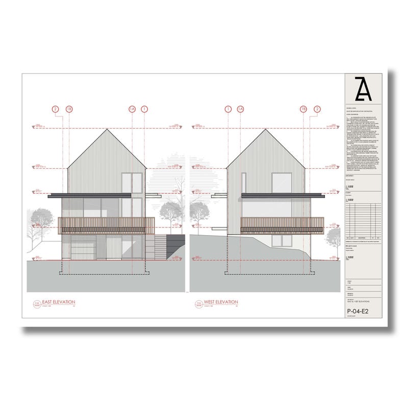 May include: Architectural drawing of a house with an east and west elevation view. The drawing shows the exterior of the house with a wooden siding and a flat roof. The house has a large window on the front and a small window on the side. The drawing also shows the landscaping around the house, including trees and shrubs.