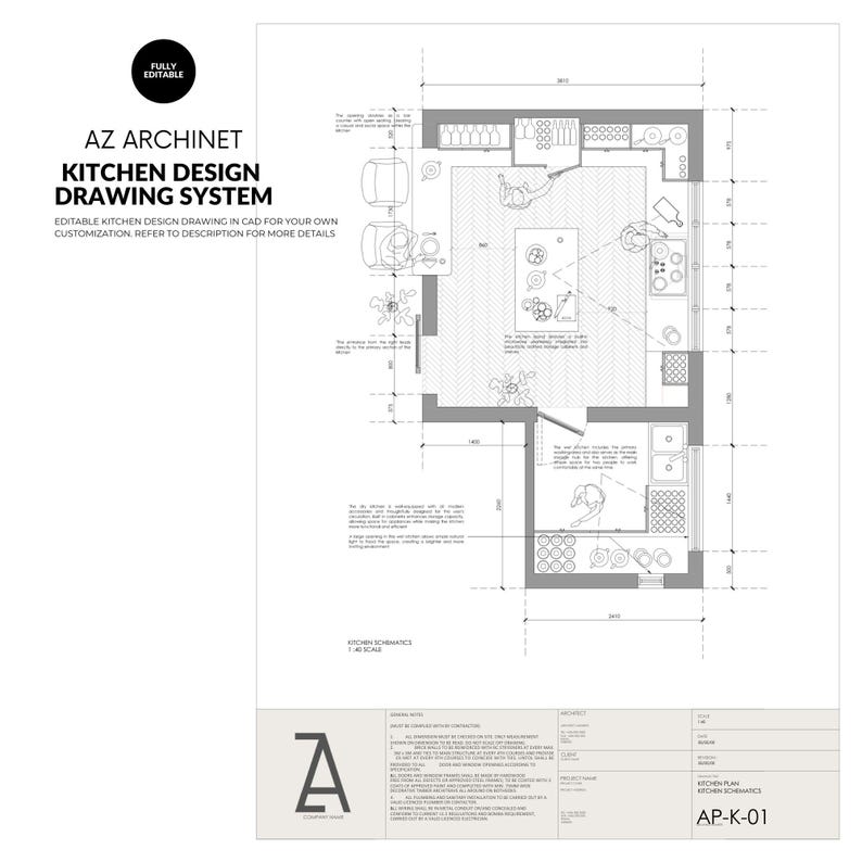 May include: A black and white line drawing of a kitchen design plan. The plan includes a kitchen island, cabinets, appliances, and a sink. The drawing is labeled "Kitchen Plan Kitchen Schematics AP-K-01".