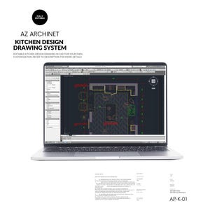 May include: A laptop computer displaying a kitchen design drawing in a CAD program. The drawing shows a kitchen layout with appliances, cabinets, and furniture. The text on the screen reads "PLAN AP-K-01".