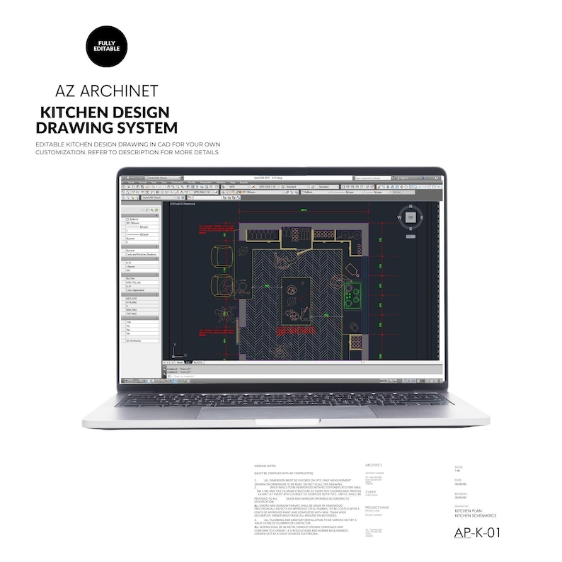 May include: A laptop computer displaying a kitchen design drawing in a CAD program. The drawing shows a kitchen layout with appliances, cabinets, and furniture. The text on the screen reads "PLAN AP-K-01".