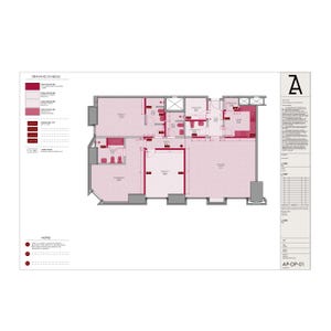 K&ouml;nnte beinhalten: Grundriss eines Geb&auml;udes mit roten und grauen Markierungen. Der Plan zeigt die Anordnung der R&auml;ume und Fl&auml;chen. Der Text "AP-DP-01" befindet sich in der rechten unteren Ecke.