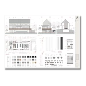 May include: Architectural blueprint of a modern house with a floor plan, elevations, and details. The blueprint includes a color palette, material specifications, and furniture layouts.