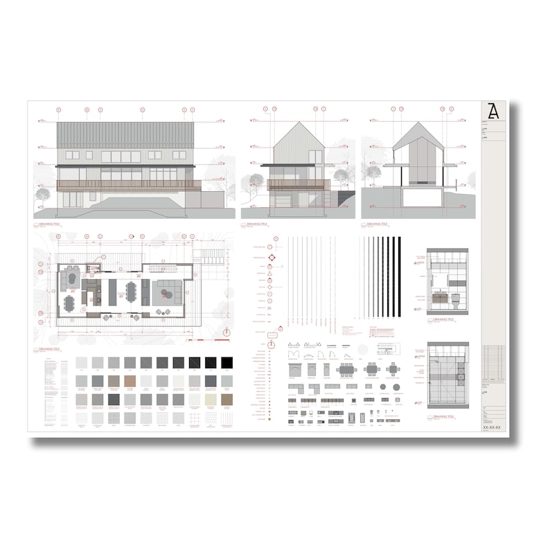 May include: Architectural blueprint of a modern house with a floor plan, elevations, and details. The blueprint includes a color palette, material specifications, and furniture layouts.