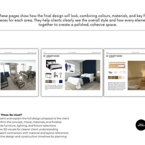 Puede incluir: Tres p&aacute;ginas de tableros conceptuales que muestran conceptos de dise&ntilde;o de interiores. Cada tablero presenta muebles, paletas de colores y dise&ntilde;os de habitaciones. El texto superior describe c&oacute;mo los dise&ntilde;os combinan colores, materiales y muebles.