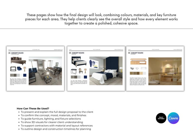 Puede incluir: Tres p&aacute;ginas de tableros conceptuales que muestran conceptos de dise&ntilde;o de interiores. Cada tablero presenta muebles, paletas de colores y dise&ntilde;os de habitaciones. El texto superior describe c&oacute;mo los dise&ntilde;os combinan colores, materiales y muebles.