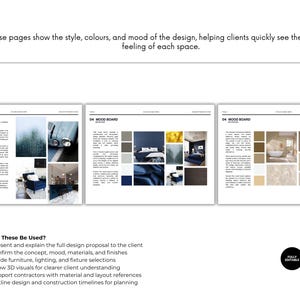Puede incluir: Dise&ntilde;o de tres p&aacute;ginas que muestra tableros de estado de &aacute;nimo de dise&ntilde;o de interiores. Las p&aacute;ginas muestran estilos de dise&ntilde;o, colores y el estado de &aacute;nimo general. El texto incluye "03 Inspiration" y "04 Mood Board". La parte inferior de la imagen enumera c&oacute;mo se pueden usar los tableros de estado de &aacute;nimo.