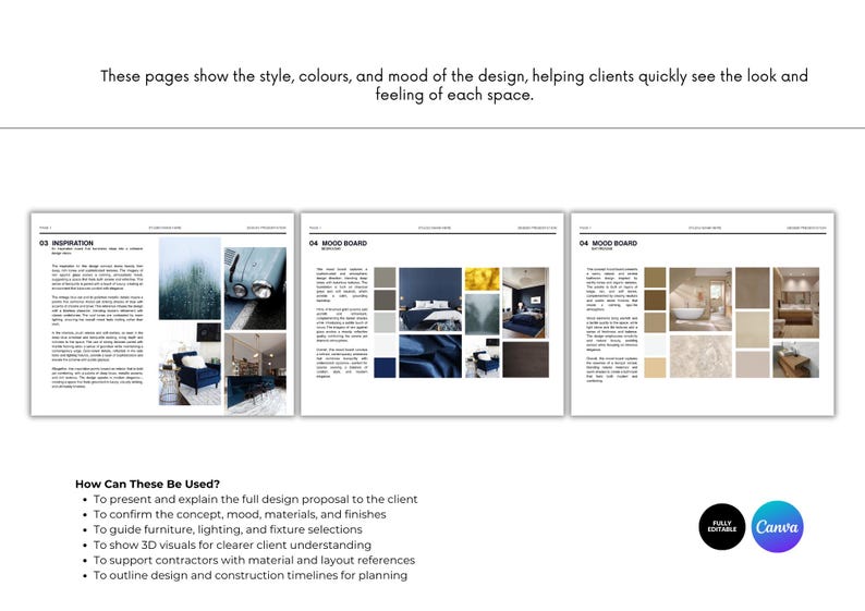 Puede incluir: Dise&ntilde;o de tres p&aacute;ginas que muestra tableros de estado de &aacute;nimo de dise&ntilde;o de interiores. Las p&aacute;ginas muestran estilos de dise&ntilde;o, colores y el estado de &aacute;nimo general. El texto incluye "03 Inspiration" y "04 Mood Board". La parte inferior de la imagen enumera c&oacute;mo se pueden usar los tableros de estado de &aacute;nimo.