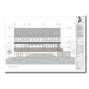 May include: A black and white architectural drawing of a house with a large deck. The drawing shows the south elevation of the house. The drawing is labeled "P-04-E1".