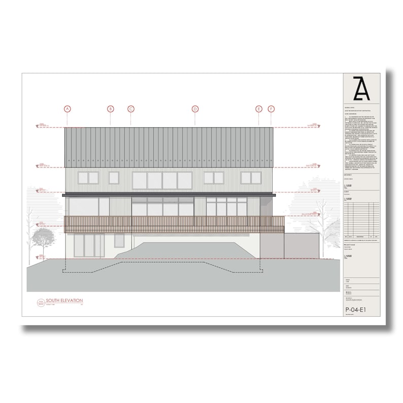 May include: A black and white architectural drawing of a house with a large deck. The drawing shows the south elevation of the house. The drawing is labeled "P-04-E1".