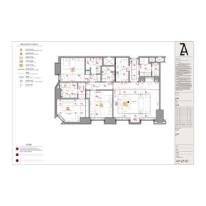 K&ouml;nnte beinhalten: Ein schwarz-wei&szlig;er architektonischer Grundriss mit einer Legende, die verschiedene Symbole f&uuml;r Beleuchtung, Schalter und Steckdosen zeigt. Der Plan zeigt einen gro&szlig;en offenen Raum mit K&uuml;che, Esszimmer und Wohnzimmer. Der Text "AP-LP-01" befindet sich in der rechten unteren Ecke.